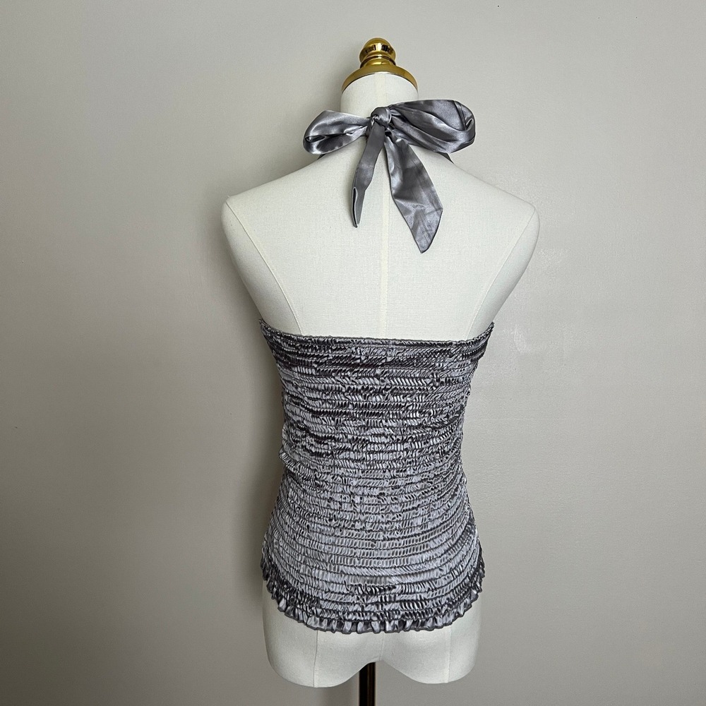 Silver Satin Ruched Halter Top Smocked Back Y2K Grey Party Blouse - Picture 3 of 9
